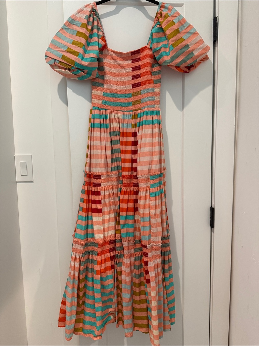 Striped Puff-Sleeve Maxi Dress in Coral, Teal & Peach